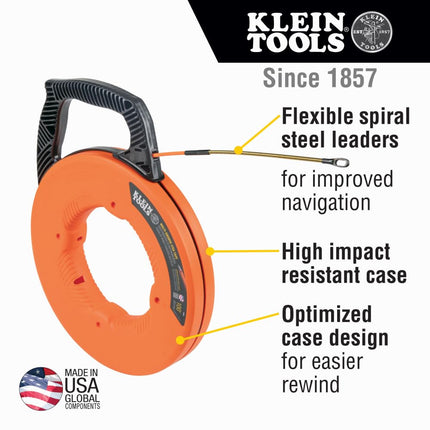Fish Tape, Multi-Groove Fiberglass Wire Puller with Spiral Steel Leader, Optimized Housing and Handle, 100-Foot x 0.182-Inch Klein Tools 56380