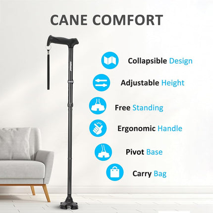REHAND Walking Stick for Men & Women - Foldable, Adjustable, Lightweight, Self Standing Pivot Walking Stick, Soft Handle Grip, with Travel Bag, Walking Sticks for Seniors & Adults (Black)