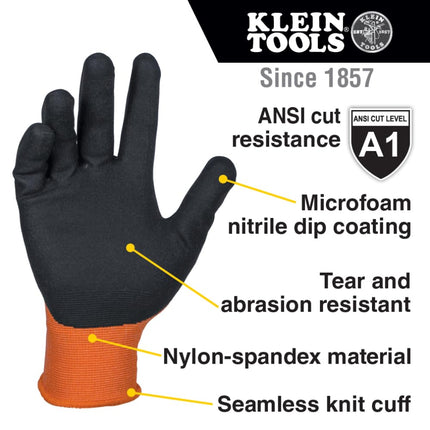 Klein Tools 60672 Work Gloves, Knit Dipped Cut Resistant ANSI A1 Nitrile Coated Gloves, Nylon-Spandex, Touchscreen Capable, Large, 1-Pair