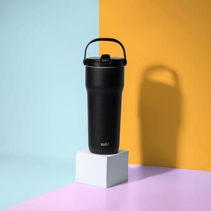 Zak Designs Sutton Travel Tumbler for On The Go, 30oz Stainless Steel with Vacuum Insulation, Straw Spout, Carry Handle for Cold Drinks (Ebony Black)