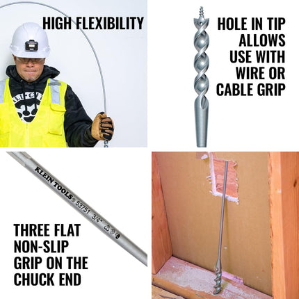 Klein Tools 53751 Flex Bit Auger, 3/4-Inch x 72-Inch Flexible Drill Bit for Pulling Wire Behind Walls