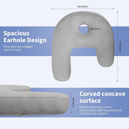 Nockovi 4" Hole Piercing Pillow for Side Sleepers (Pillow with Grey Velvet Pillowcase, J-Shape)