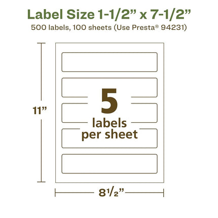 Avery EcoFriendly Matte White Recycled Rectangle Labels, 1.5" x 7.5", Print-to-The-Edge, Matte White Labels, Permanent Adhesive, Laser/Inkjet Printable, 500 Total
