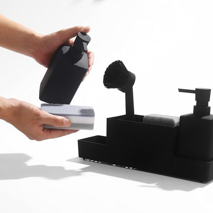 YAUKPH Kitchen Soap Dispenser with Sponge Holder Set for Sink Caddy (Double soap dispensers and 1 Brush) Matte Black