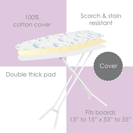 Ironing Board Cover and Pad (Blue Priscilla), 100% Cotton with Ultimate Double Padding by Seymour Home Products; Fits Full Size Board | Stain and Scorch Resistant; Elastic Edge | Laundry Accessories