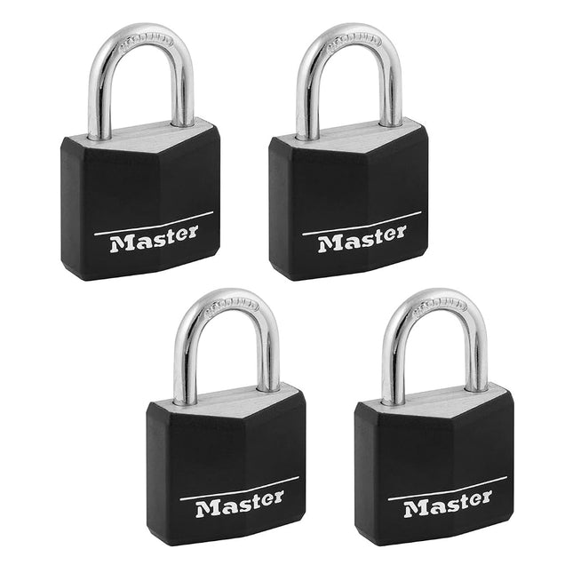Master Lock Black Outdoor Key Lock, Standard Weather Resistant Padlock with Cover, Keyed Alike Padlocks for Lockers, Fences, Sheds, or Other Equipment, 4 Pack, 131Q