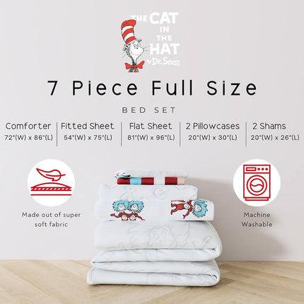 Dr. Seuss Cat in The Hat Kids Bedding, 7 Piece Full Bed Set, Soft Cozy Reversible Comforter and Sheet Set with Sham, Officially Licensed Product by Franco