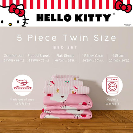 Sanrio Hello Kitty Holiday Christmas Bed Linen Soft Duvet and Sheet Set with Bedspread, 5 Pieces, Twin Size (Officially Licensed Product) by Franco