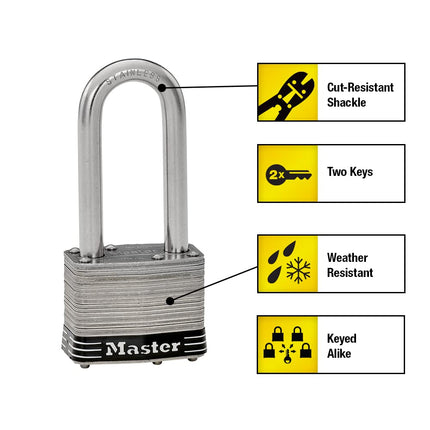 Master Lock 5SSTLJ Stainless Steel Outdoor Padlock with Key, 2 Pack Keyed-Alike, Silver