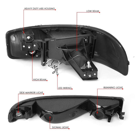 DNA MOTORING HL-LB2-SIERRA99-BK-CL1 Black Housing Bumper Lights+Headlights With LED DRL Replacement Compatible with 99-06 Sierra
