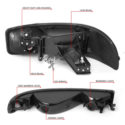 DNA MOTORING HL-LB2-SIERRA99-BK-CL1 Luces de Parachoques de Carcasa Negra+Faros Delanteros con DRL LED de Repuesto Compatible con Sierra 99-06