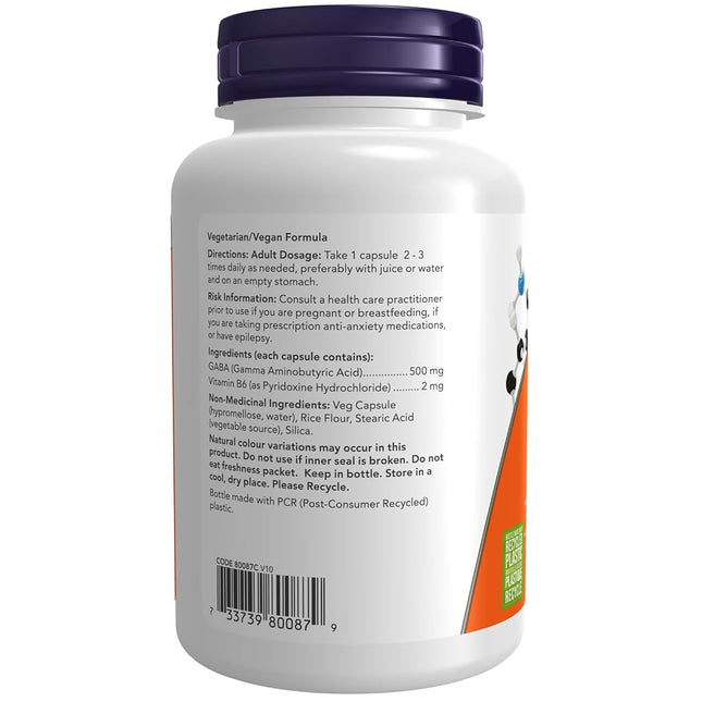 NOW Supplements, GABA (Gamma-Aminobutyric Acid) 500 mg + B-6, Natural Neurotransmitter, 100 Veg Capsules