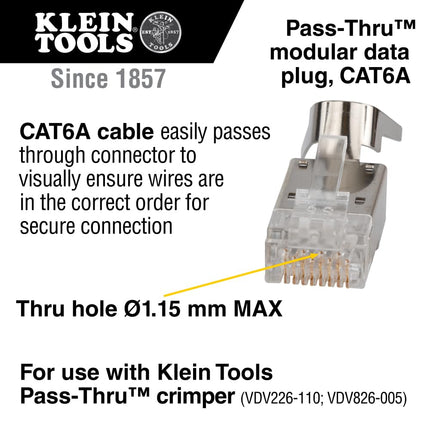 KLEIN TOOLS VDV826-705 Modular Data Plug for CAT6A Shielded Cable and Larger Diameter CAT6 Indoor or Outdoor Ethernet Cable, 50-Pack