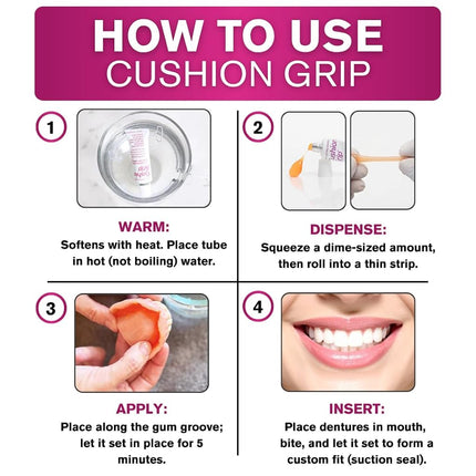 Cushion Grip Thermoplastic Denture Adhesive, 0.35 oz (Travel Size) | Refits and Tightens Loose Dentures for Up to 4 Days | Non-Glue, Zinc-Free, Waterproof Formula, Acts Like a Soft Reliner