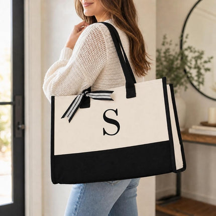 Mud Pie Classic Black and White Initial Canvas Tote Bags (C), 100% Cotton, 17" x 19" x 2"