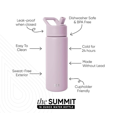 Simple Modern Kids Water Bottle with Straw Lid Vacuum Insulated Stainless Steel Metal Bottles | Reusable Leak Proof BPA-Free Flask for School | Summit Collection | 18oz, Lavender Mist