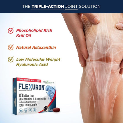 Flexuron Formule Articulaire par Purity Products - 3X Plus Efficace Que la Glucosamine et la Chondroïtine - Agit en Seulement 7 Jours - Huile de Krill, Acide Hyaluronique à Faible Poids Moléculaire, Astaxanthine - 30 Comprimés