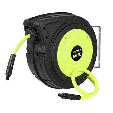 Carrete de manguera de aire de plástico retráctil Flexzilla, 3/8 pulg. x 50 pies, resistente, ligero, híbrido, ZillaGreen - L8250FZ