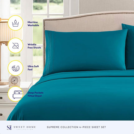 Sweet Home Collection Luxury Bedding Set with Flat, Fitted Sheet, 2 Pillow Cases, Microfiber, Teal, King