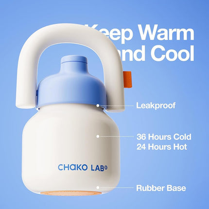 CHAKO LAB Water Bottle with Straw and Carry Handle | Wide Mouth Vacuum Insulated Stainless Steel Metal Bottles| Reusable, Leak-Proof & BPA Free | 1000ml White&Blue