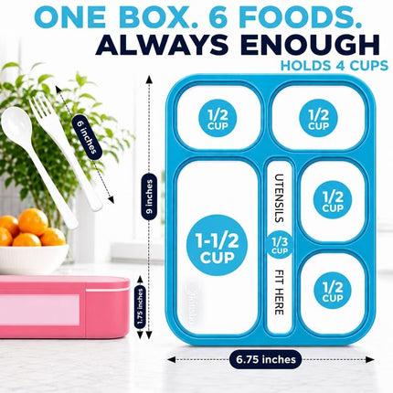 kinsho Bento Lunch Boxes in Bags for Kids | 2 Box & Bag Set for School, 6 Compartments Leakproof BPA Free, Two Blue & Pink