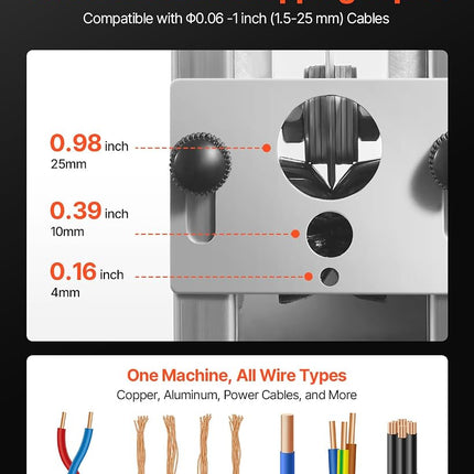 VEVOR Manual Wire Stripping Machine, 1.5-25 mm, Copper Stripper with Hand Crank or Drill Powered, 64Mn Quenched Blades, 45# Steel Rollers, Aluminum Alloy Frame Wire Peeler, for Scrap Copper Recycling