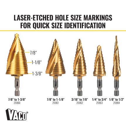 Klein Tools 25960 Step Drill Bit, 7/8 to 1-3/8-Inch, Spiral Double-Fluted, Cut Thin Metal, Plastic, Aluminum, Wood, 1/4-Inch Hex Shank, VACO
