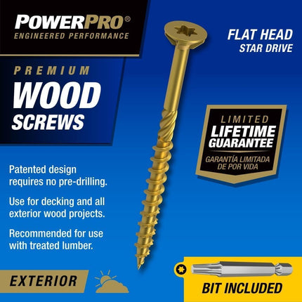 Power Pro 42481 Wood Screws, #9 x 2-1/2", Epoxy Coated, Torx/Star Drive Included, Coarse Thread, Decking Screws, Outdoor Rust Resistant, Bronze, 50pcs