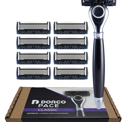 DORCO Pace Classic - Sistema de afeitado de siete hojas con cabezal pivotante y mango de primera calidad - Paquete de 9 (1 mango + 9 cartuchos)