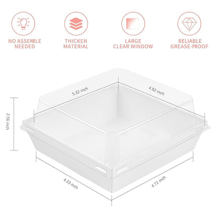 Ocmoiy 100 Pack Paper Charcuterie Boxes with Clear Secure Lids, 5 inches White Square Disposable Food Containers Bakery Boxes for Sandwich, Slice Cake, Cookies, Hot Cocoa Bombs, Strawberries
