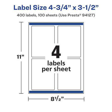 Avery Durable Waterproof Rectangle Labels with Sure Feed, 4.75" x 3.5", 400 Labels, Print-to-The-Edge, Laser/Pigment-Based Inkjet Printable Labels