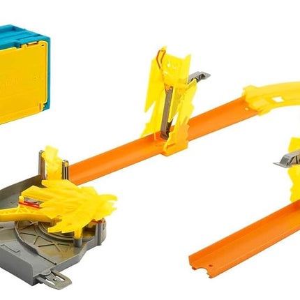 Hot Wheels Track Set with 1 Hot Wheels Car, 12 Track Boosting Components, Stackable Toy Storage Box, Lightning-Themed Track Builder Set, HMC03