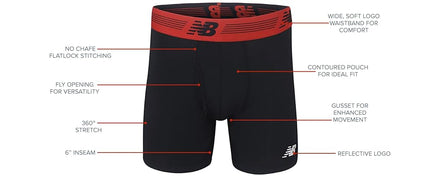 New Balance Men's 6" Boxer Brief Trunk Underpants Fly Front with Pouch Underwear 3-Pack, Black/Steel/Pigment, Medium