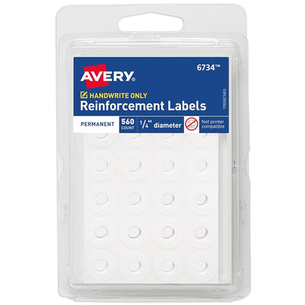 Avery White Self-Adhesive Reinforcement Labels, 1/4" Round, 560 Labels per Pack, Case Pack of 36 (6734)