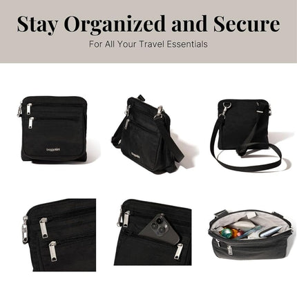 Baggallini Securtex Anti-Theft Crossbody 8.25" Small / 10" Large Travel Purse with RFID Card Slots & Cut-Resistant Strap, Black, Small 8.25"w x 8.25"h
