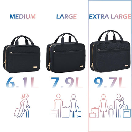 NISHEL Travel Toiletry Bag for Women, Portable Hanging Organizer for Full-Sized Shampoo, Conditioner, Brushes Set, Makeup Accessories, Large Size, Black