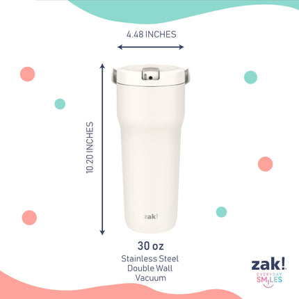 Zak Designs Sutton Travel Tumbler for On The Go, 30oz Stainless Steel with Vacuum Insulation, Straw Spout, Carry Handle for Cold Drinks (Cream White)