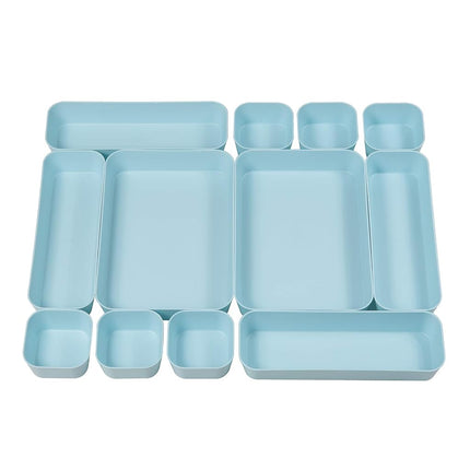 Backerysupply Set Of 12 Blue Color Plastic Desk Drawer Organizers For Makeup Bathroom Office Kitchen Vanity Drawer Storage Box Container