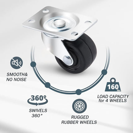 Juego de 4 ruedas giratorias POWERTEC de 1-1/2 pulgadas con capacidad de carga de 160 lb, ruedas resistentes con placa, ruedas de goma para muebles, carros, plataformas rodantes y bancos de trabajo (17209V)