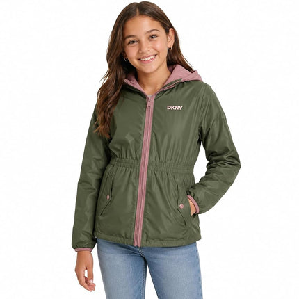 DKNY Veste polaire pour fille - Anorak coupe-vent à capuche doublé en polaire - Vêtement d'extérieur douillet et vestes d'hiver pour fille, vert grisé, 14-16