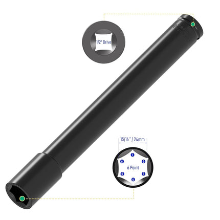 FOCMKEAS 1/2" Drive 24mm(15/16") Socket Accessory Set, 12 Inch Length