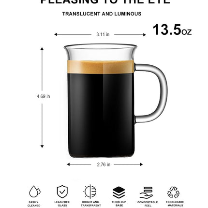 Tazas de café de cristal LUXU de 473 ml, juego de 2 tazas de café grandes de cristal transparente, vasos de té helado, vasos sin plomo para agua, capuchino, latte, cereales, yogur, leche - Diseño de fondo plano