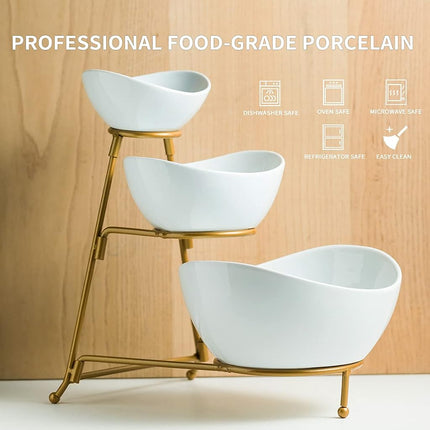 YHOSSEUN 3 Tier Serving Stand Oval Serving Bowl with Metal Rack, Tied Serving Tray Food Display Dessert Appetizer, Serving Bowl Fruit Chip Dip Bowl Set for Parties, Gold