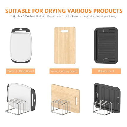 KORRTFID Cutting Board Holder Stand, Chopping Board Storage Rack, Cutting Board Organizer, 304 Stainless Steel Chopping Board Holder, Cookie Sheets Organizer 1.0+1.2 Inch Width Slots (2 PCS)