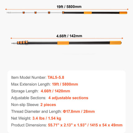 VEVOR Telescopic Extension Pole, 4.66-19 FT Multi-Purpose Extendable Pole, Sturdy Aluminum Alloy Paint Pole Extension with Flip-Lock Design, High Reach Roller Stick for Painting, Dusting and Cleaning