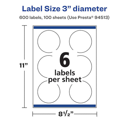 Avery Matte White Round Labels with Sure Feed, 3" Diameter, 600 Matte White Printable Labels
