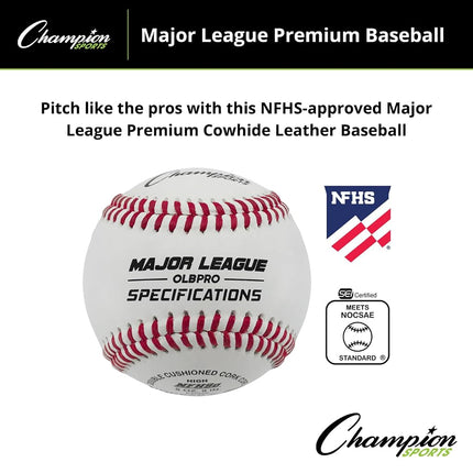 Juego de béisbol de cuero Champion Sports: Docena de pelotas de béisbol de cuero genuino oficiales para interiores/exteriores para entrenamiento o partido real - OLBPRO Paquete de 12