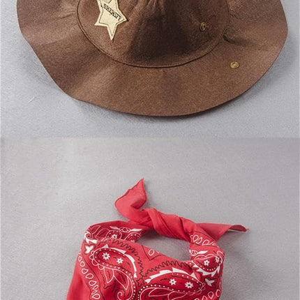 Dressy Daisy Baby Boys Western Style Cowboy Overalls Costume Outfit Set with Red Bandana and Sheriff Hat Size 18-24 Months