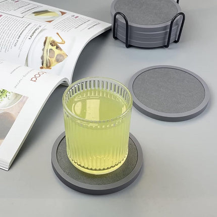 Absorbent Coasters for Drinks with Holder - 6packs, Silicone Coasters with Soft Felt Insert (4.3 inch Coasters with 4.5 inch Holder, Grey)