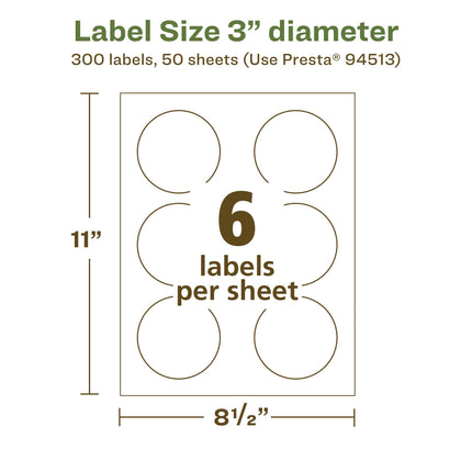 Avery EcoFriendly Matte White Recycled Round Labels, 3" Diameter, Print-to-The-Edge, Matte White Labels, Permanent Label Adhesive, Laser/Inkjet, 300 Printable Labels